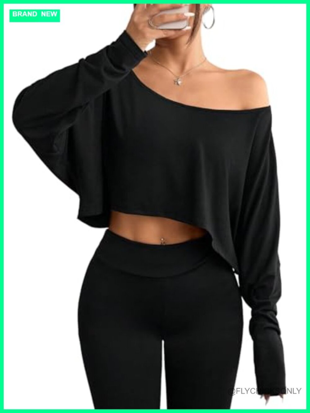 Women's Off Shoulder Long Sleeve Crop Top Loose Workout T Shirt